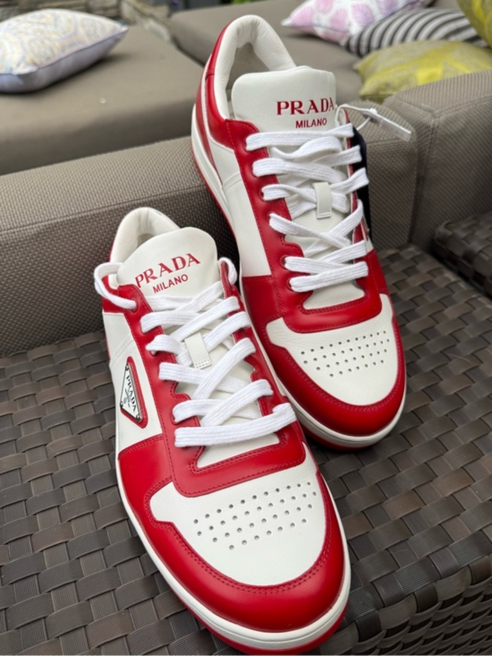 Prada Downtown White & Lacquer Red Leather Sneakers | New With Tags | Size 9.5